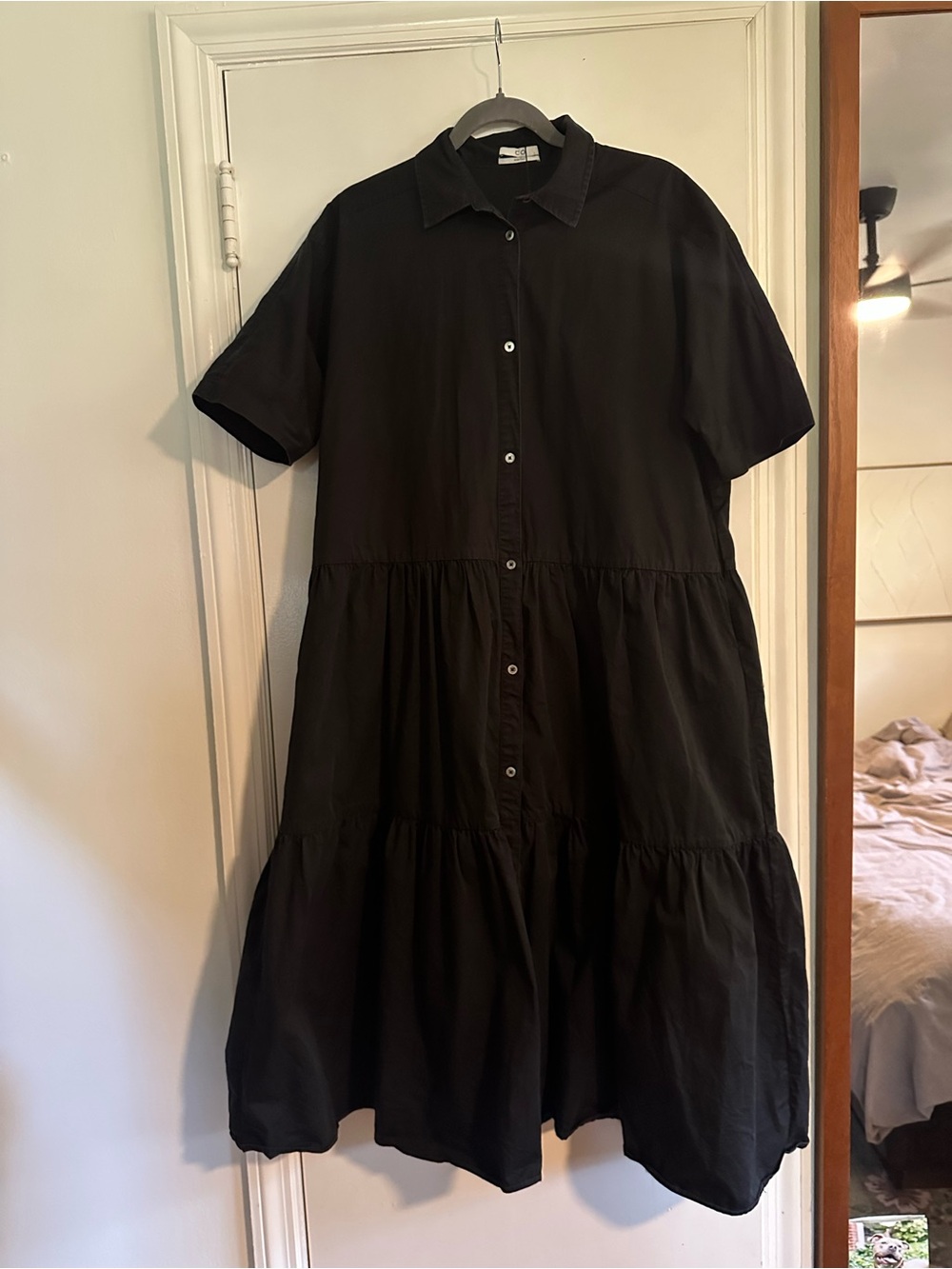 CO Collections Women's Black Tiered Button-Front Midi Dress